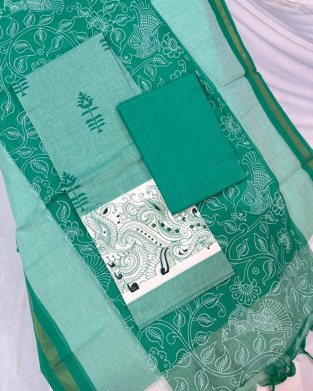 Printed Cotton Dress Material – Light Green Color | Bhavana Handlooms
