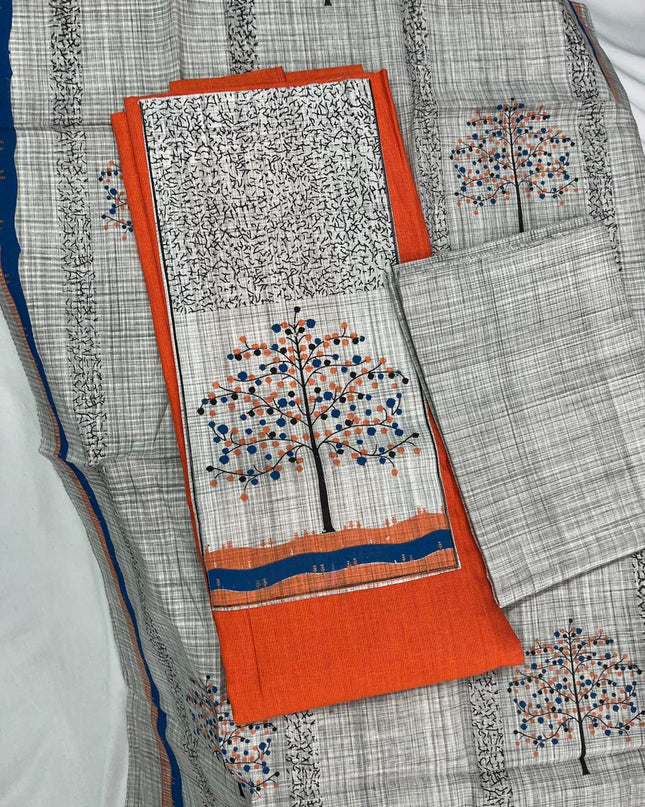 Printed Cotton Dress Material – Orange Color | Bhavana Handlooms