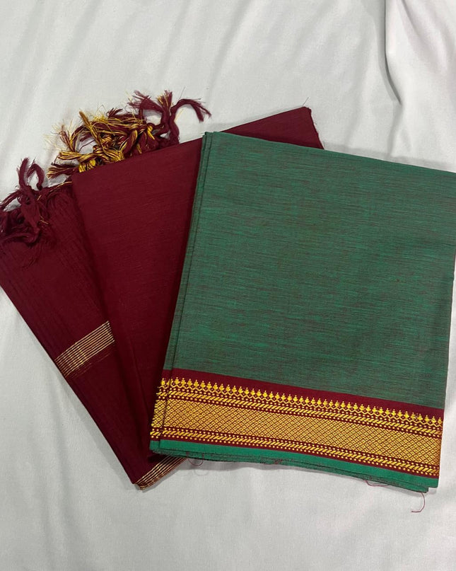 Mangalagiri Dress Material with thread border Dark Sea Green colour