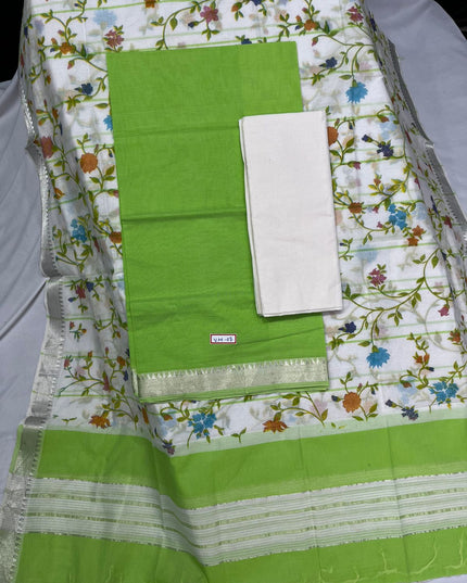 Mangalagiri Cotton Dress Material with White Chunni with Green Colour