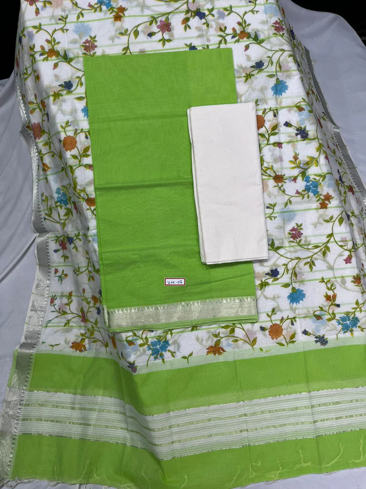 Mangalagiri Cotton Dress Material with White Chunni with Green Colour