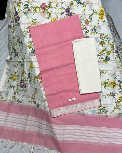 Mangalagiri Cotton Dress Material with White Chunni with Pink Colour