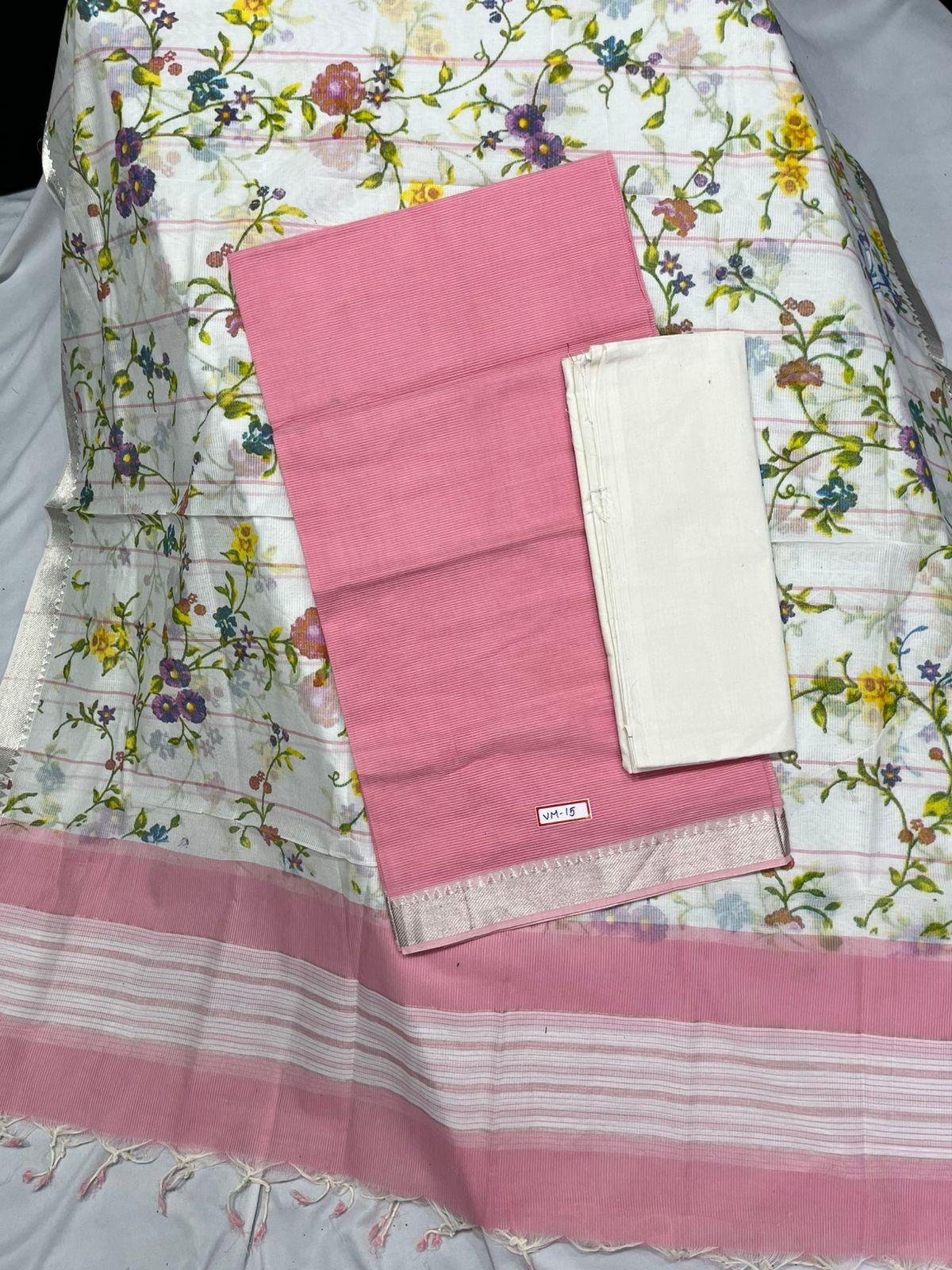 Mangalagiri Cotton Dress Material with White Chunni with Pink Colour