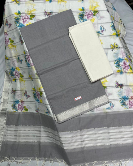 Mangalagiri Cotton Dress Material with White Chunni with Light Gray Colour