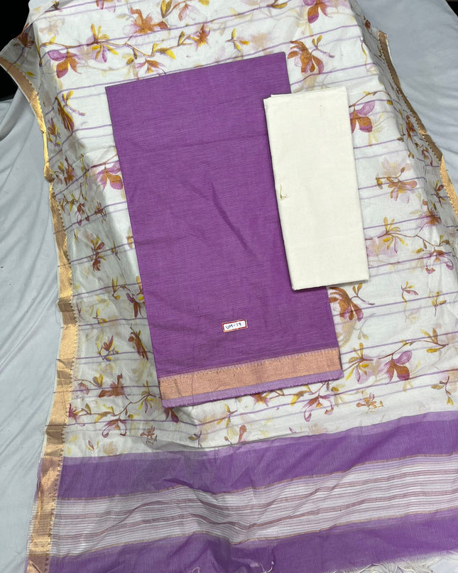 Mangalagiri Cotton Dress Material with White Chunni with Dark Lavender Colour