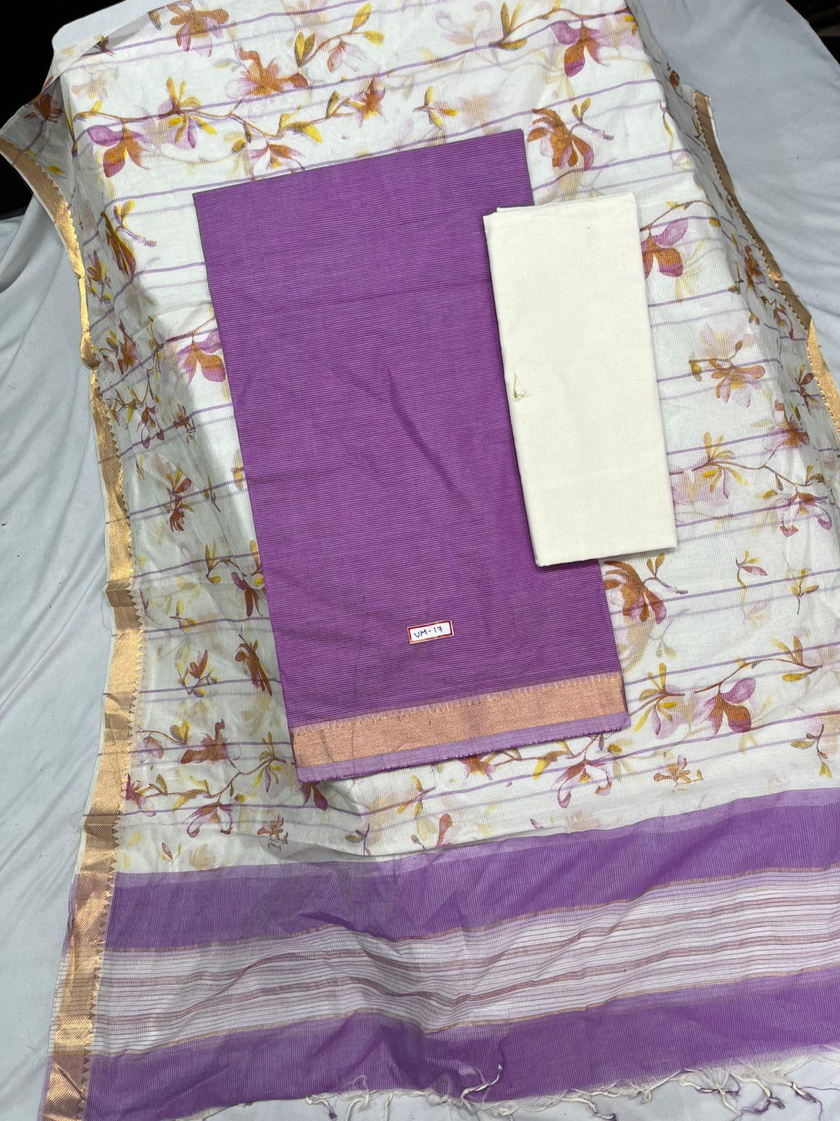 Mangalagiri Cotton Dress Material with White Chunni with Dark Lavender Colour