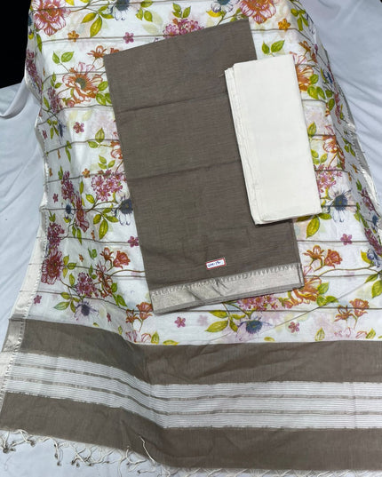 Mangalagiri Cotton Dress Material with White Chunni with Gray Colour