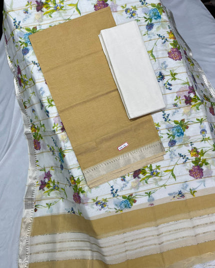 Mangalagiri Cotton Dress Material with White Chunni with Brown Colour