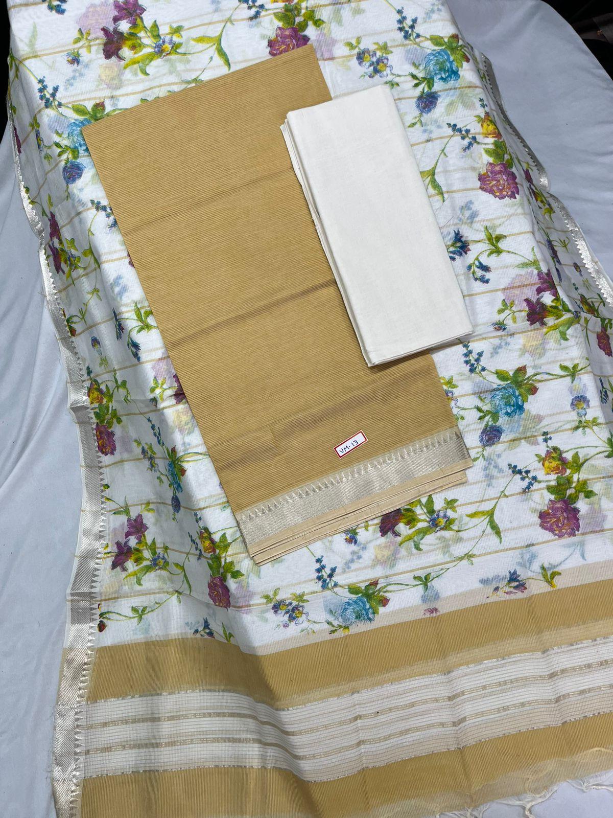 Mangalagiri Cotton Dress Material with White Chunni with Brown Colour