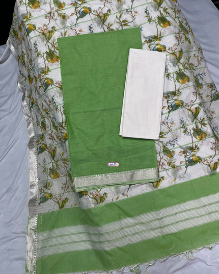 Mangalagiri Cotton Dress Material with White Chunni with Green Colour
