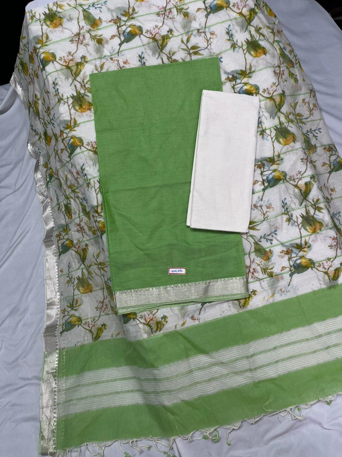 Mangalagiri Cotton Dress Material with White Chunni with Green Colour