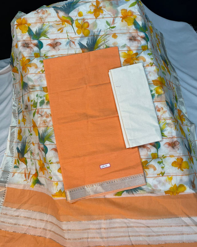Mangalagiri Cotton Dress Material with White Chunni with Orange Colour