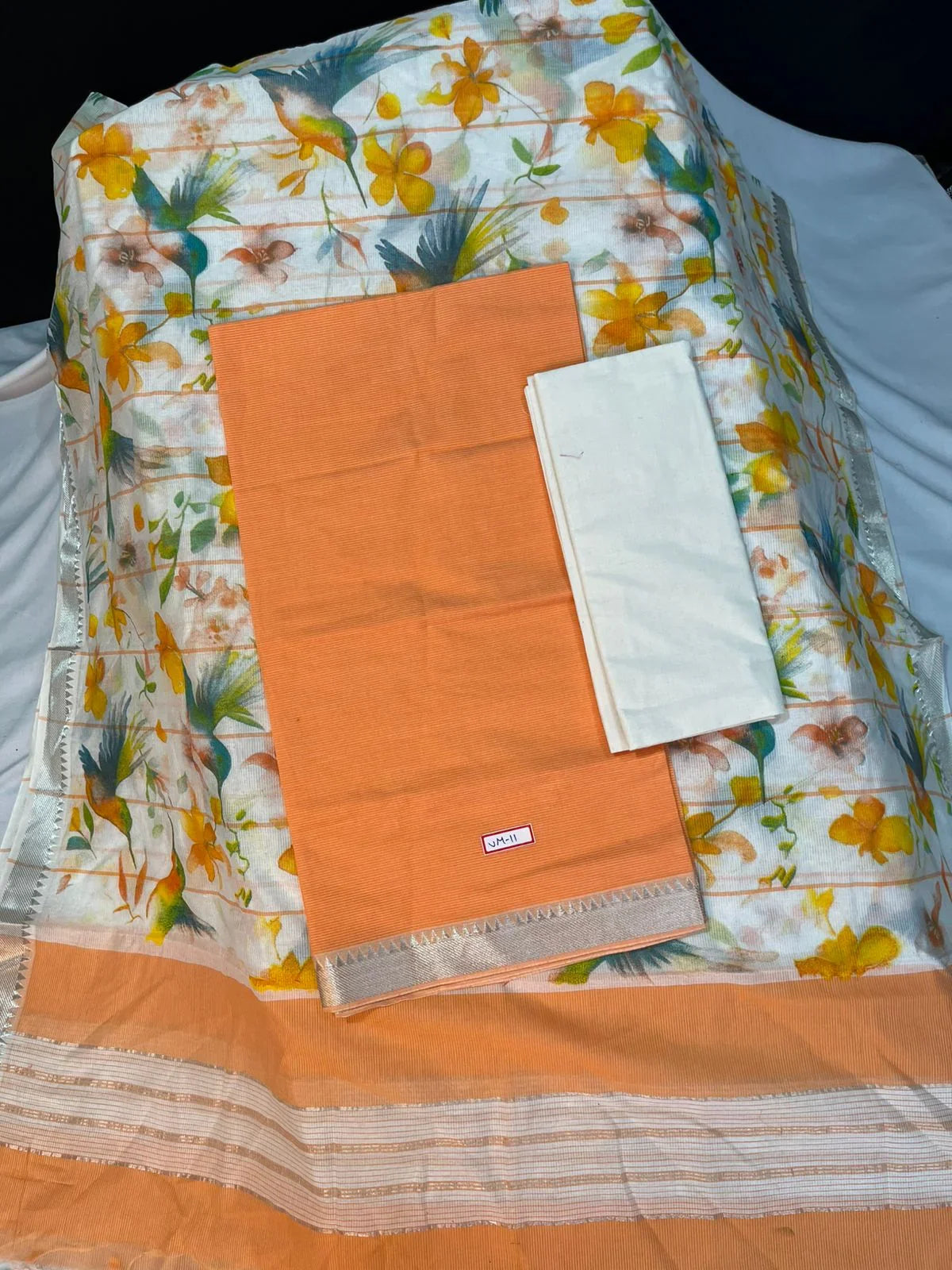 Mangalagiri Cotton Dress Material with White Chunni with Orange Colour