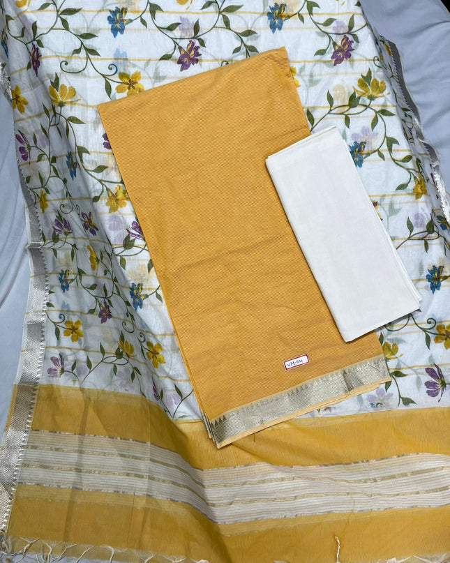 Mangalagiri Cotton Dress Material with White Chunni with Yellow Colour