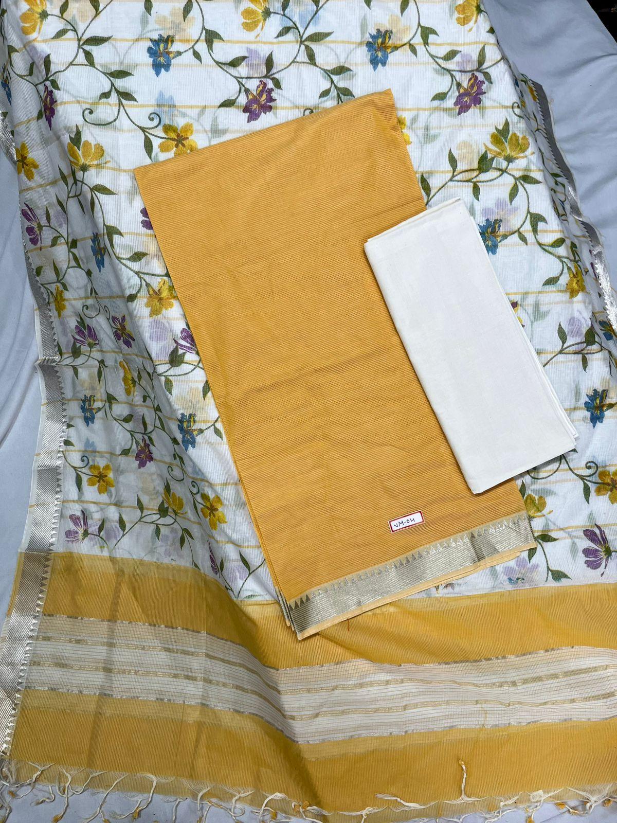 Mangalagiri Cotton Dress Material with White Chunni with Yellow Colour