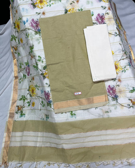Mangalagiri Cotton Dress Material with White Chunni with Pale Oyster Colour