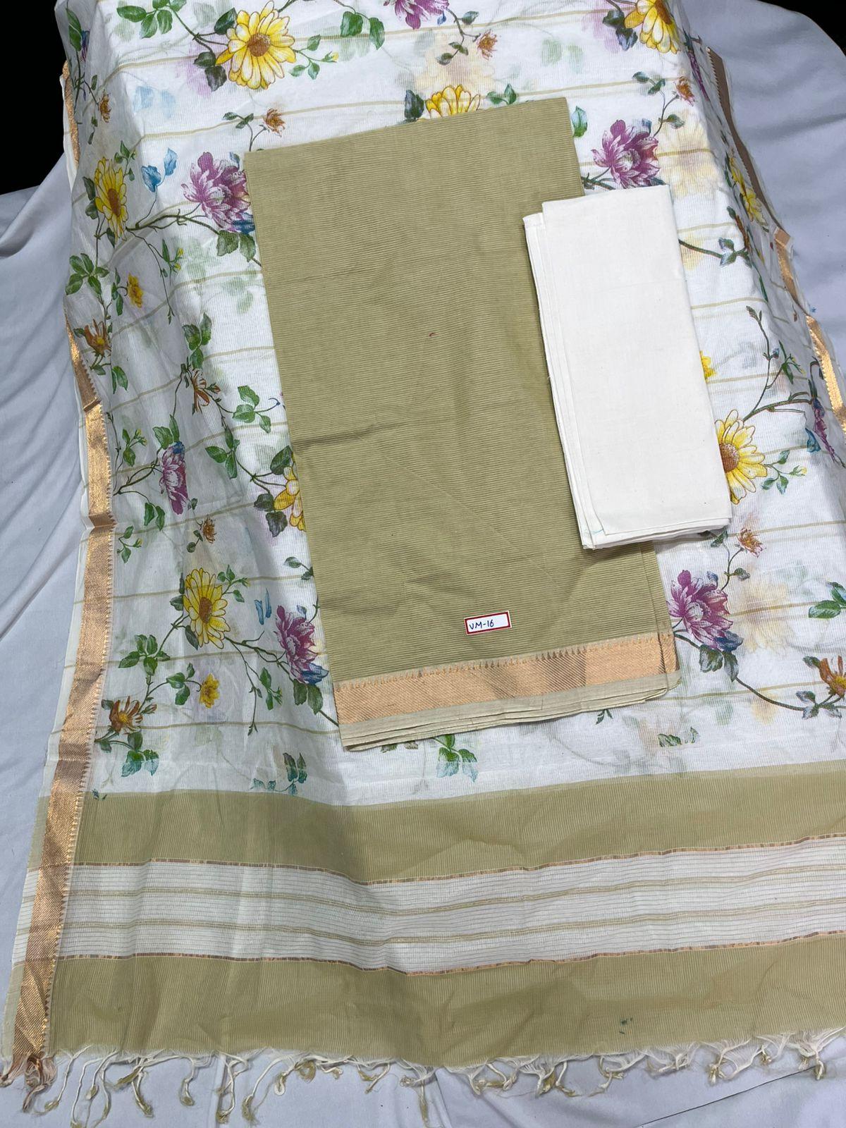 Mangalagiri Cotton Dress Material with White Chunni with Pale Oyster Colour