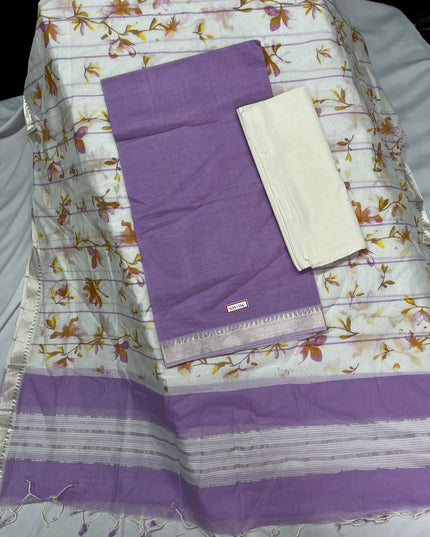 Mangalagiri Cotton Dress Material Half White with Dusty Purple Colour