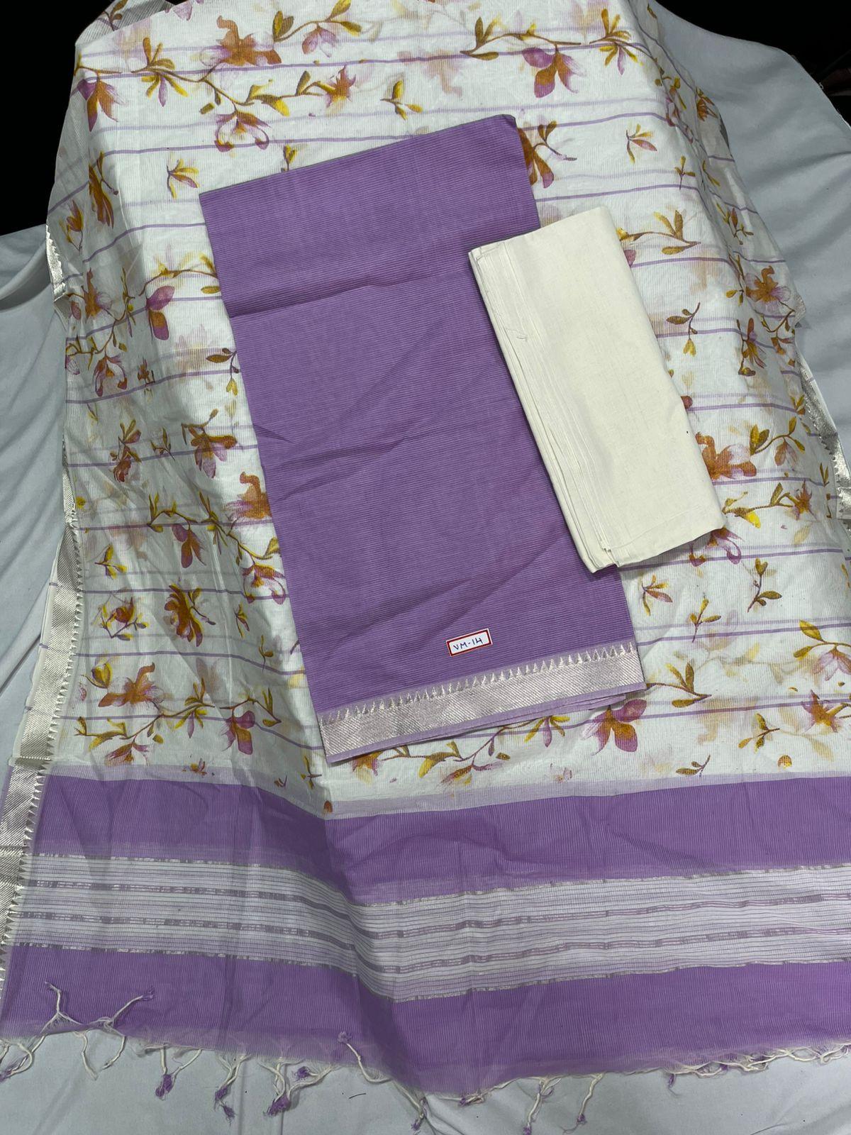 Mangalagiri Cotton Dress Material Half White with Dusty Purple Colour