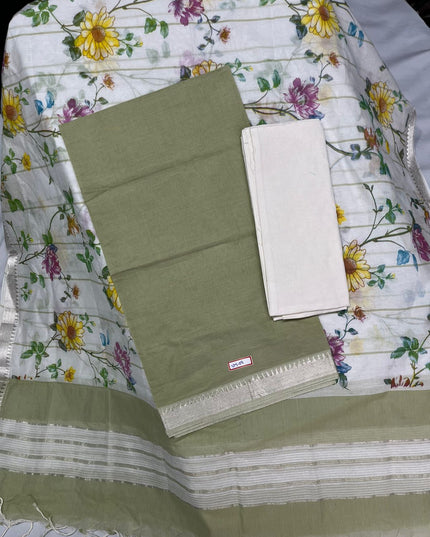 Mangalagiri Cotton Dress Material with White Chunni with Army Brown Colour