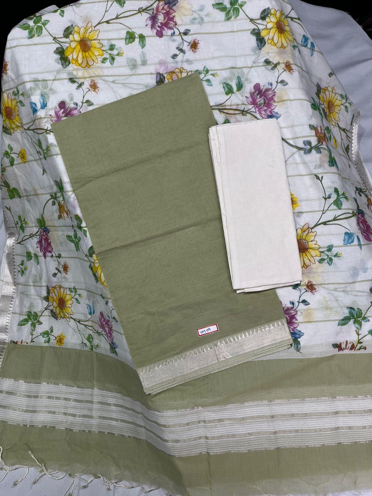Mangalagiri Cotton Dress Material with White Chunni with Army Brown Colour