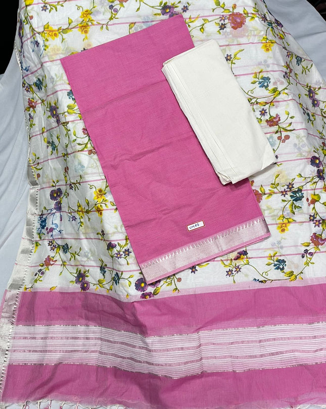 Mangalagiri Cotton Dress Material with White Chunni with Pink Colour