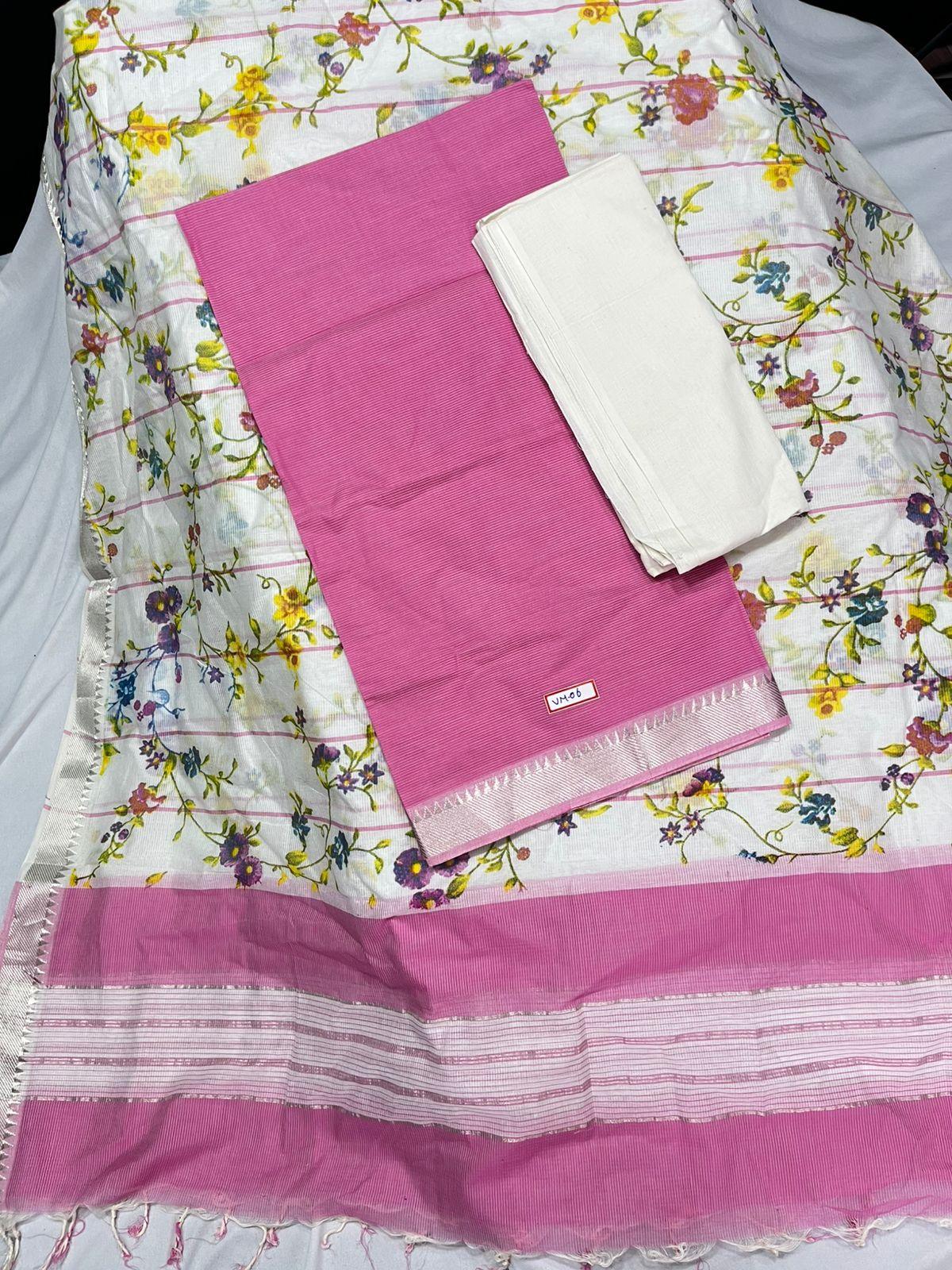 Mangalagiri Cotton Dress Material with White Chunni with Pink Colour