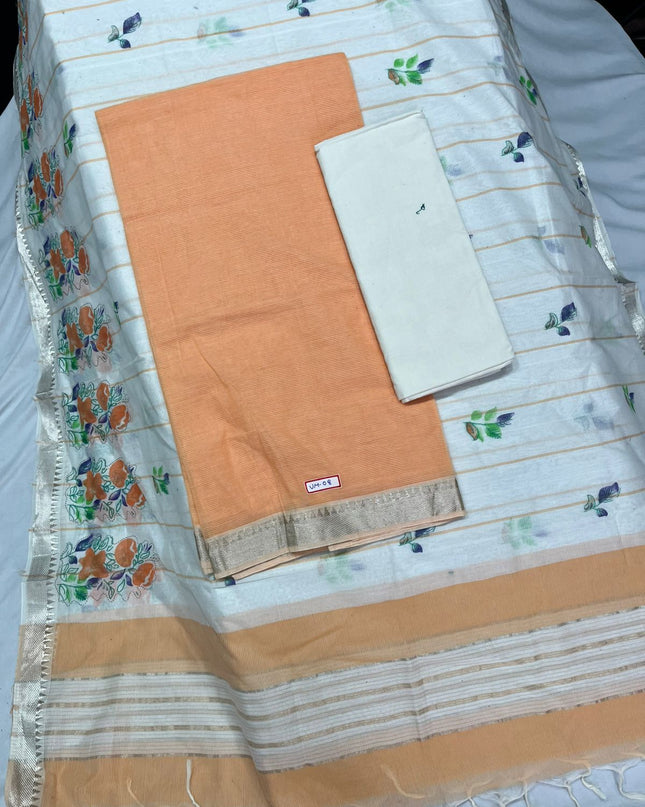 Mangalagiri Cotton Dress Material with White Chunni with Light Orange Colour