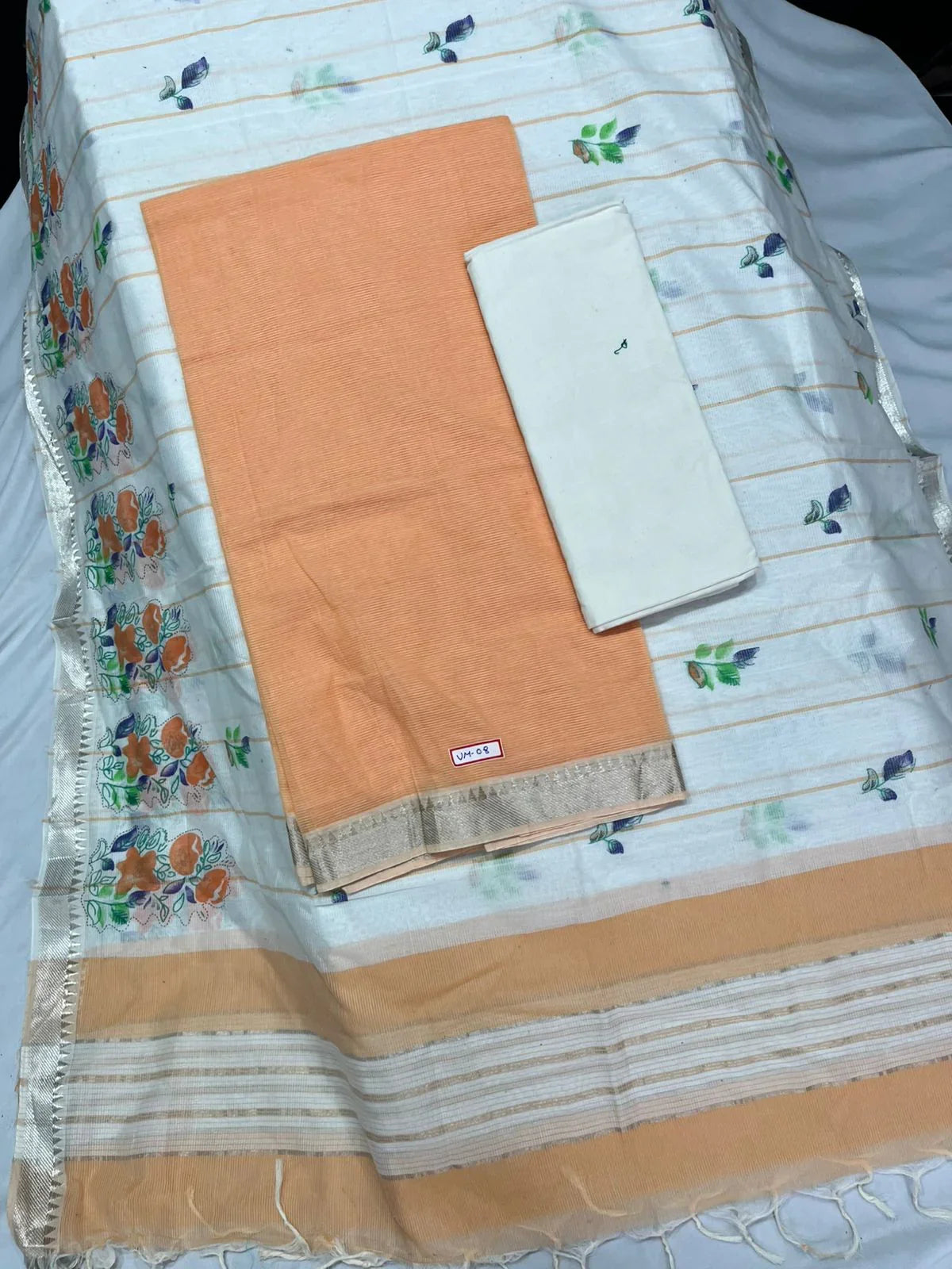 Mangalagiri Cotton Dress Material with White Chunni with Light Orange Colour