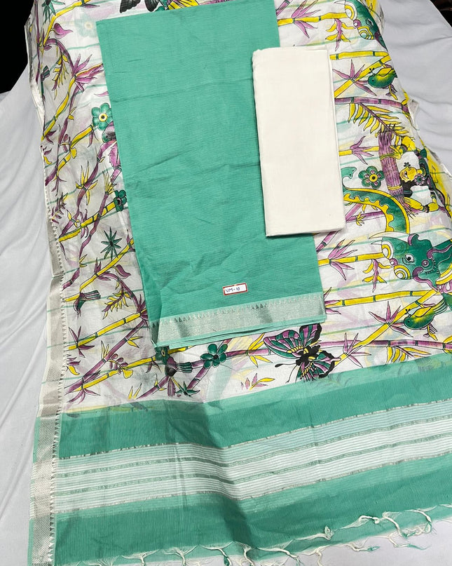 Mangalagiri Cotton Dress Material with White Chunni with Lux Green Colour