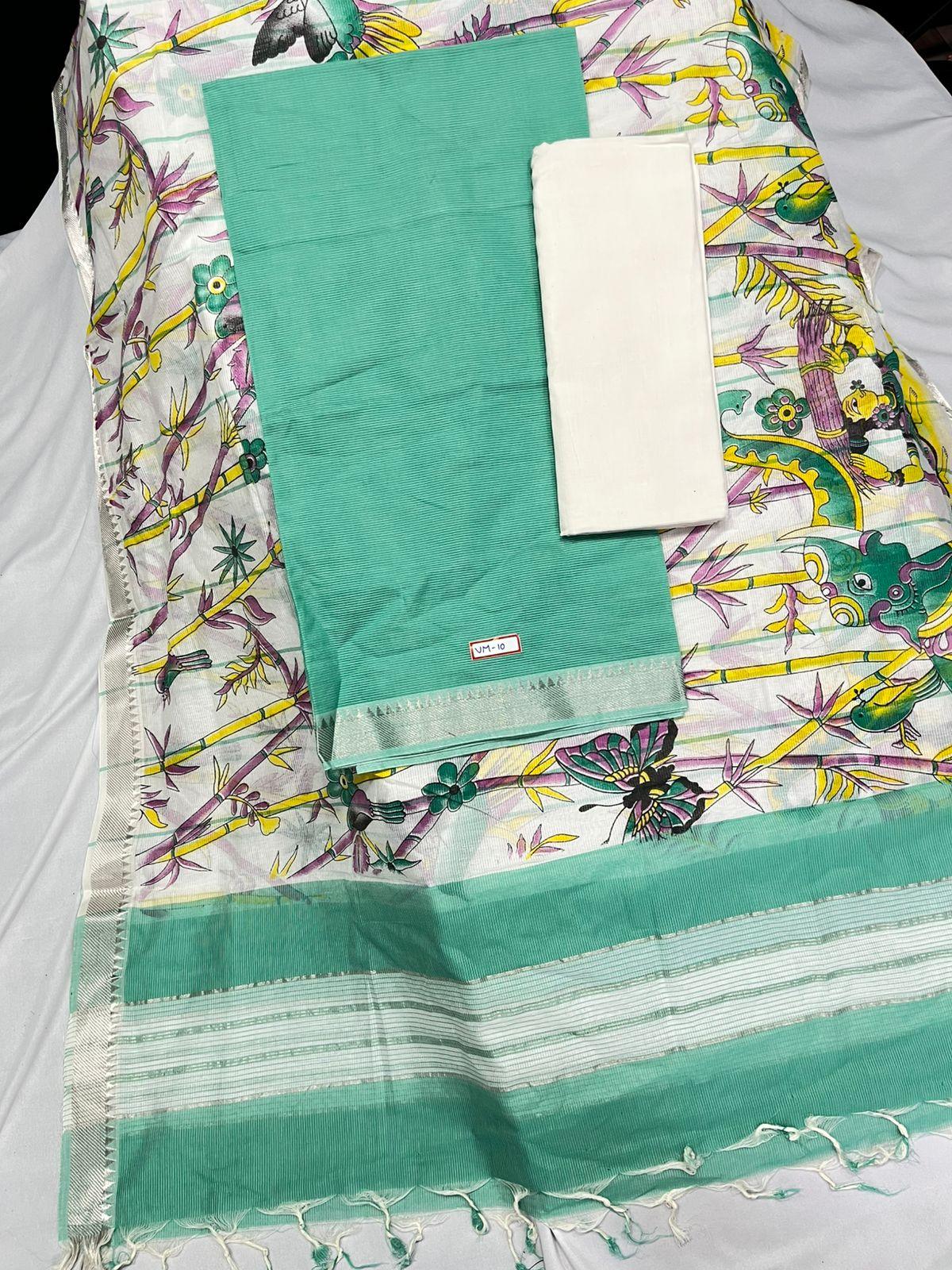 Mangalagiri Cotton Dress Material with White Chunni with Lux Green Colour