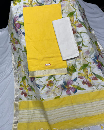 Mangalagiri Cotton Dress Material with White Chunni with Mango Yellow Colour