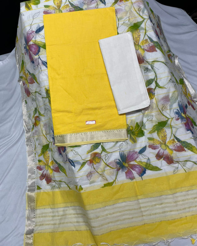 Mangalagiri Cotton Dress Material with White Chunni with Mango Yellow Colour