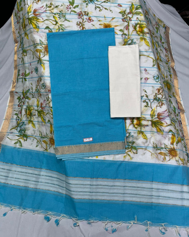 Mangalagiri Cotton Dress Material with White Chunni with Sky Blue Colour