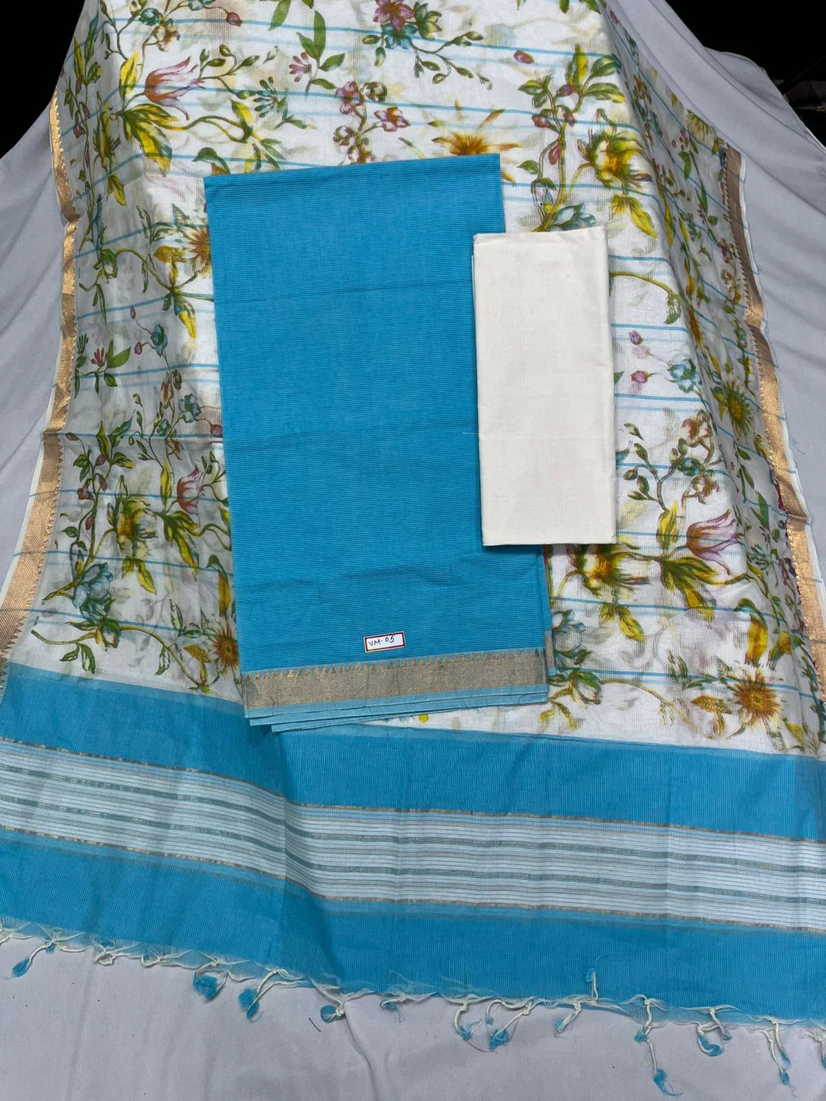 Mangalagiri Cotton Dress Material with White Chunni with Sky Blue Colour