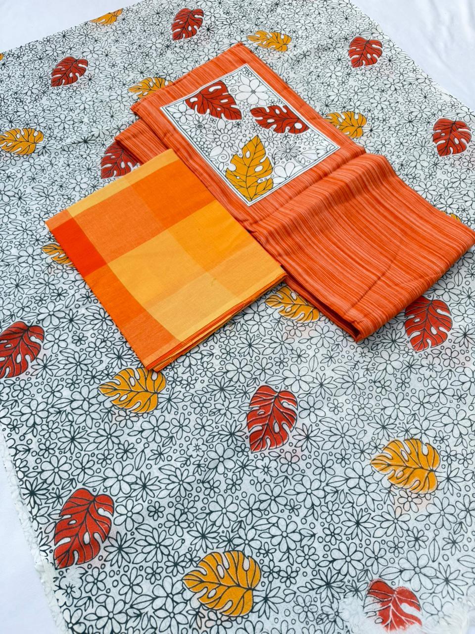 Cotton Dress Material with Orange Color