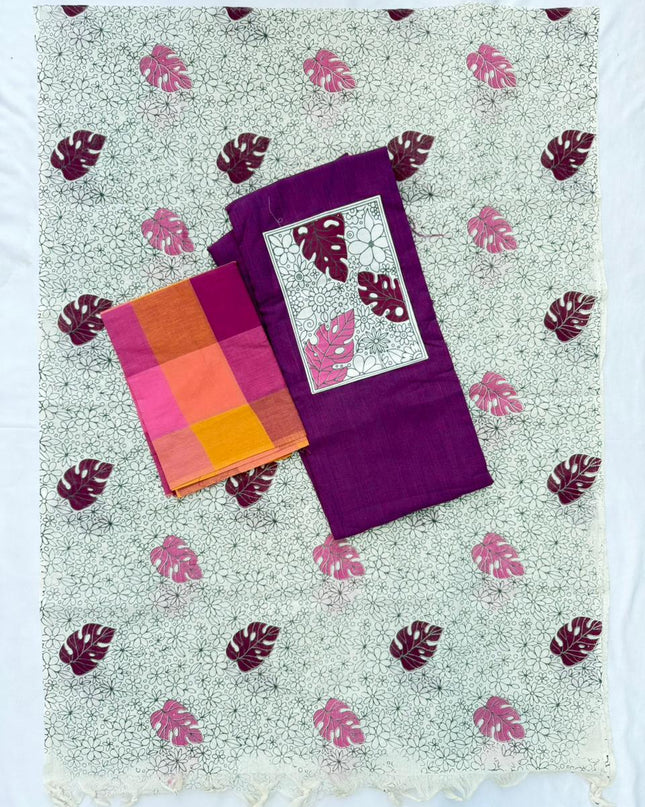 Cotton Dress Material with Dark Purple Color