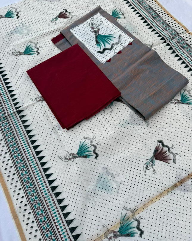 Cotton Dress Material with Gray Color