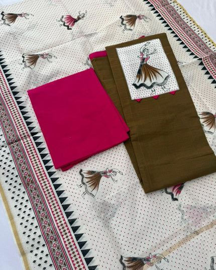 Cotton Dress Material with Green and Brown Double View Color