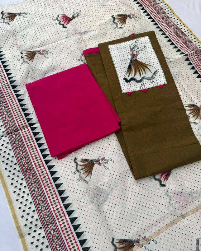 Cotton Dress Material with Green and Brown Double View Color