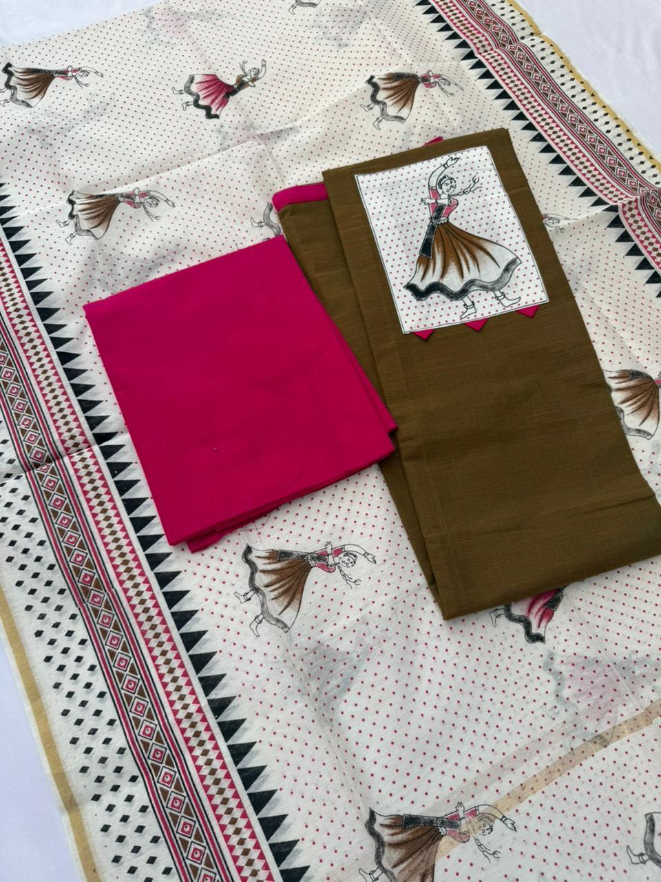 Cotton Dress Material with Green and Brown Double View Color