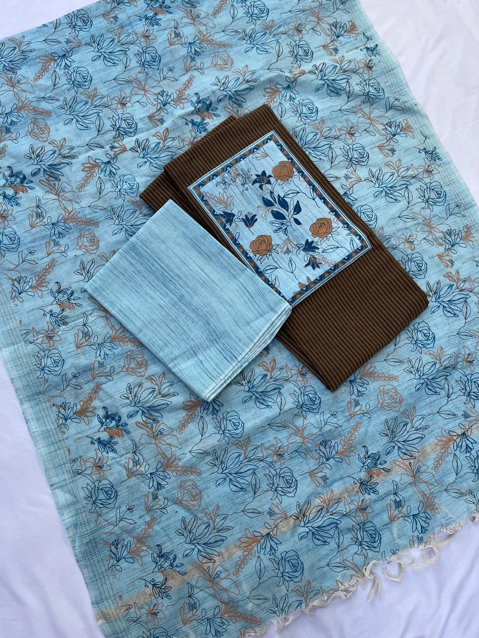 Cotton Dress Material with Brown Color