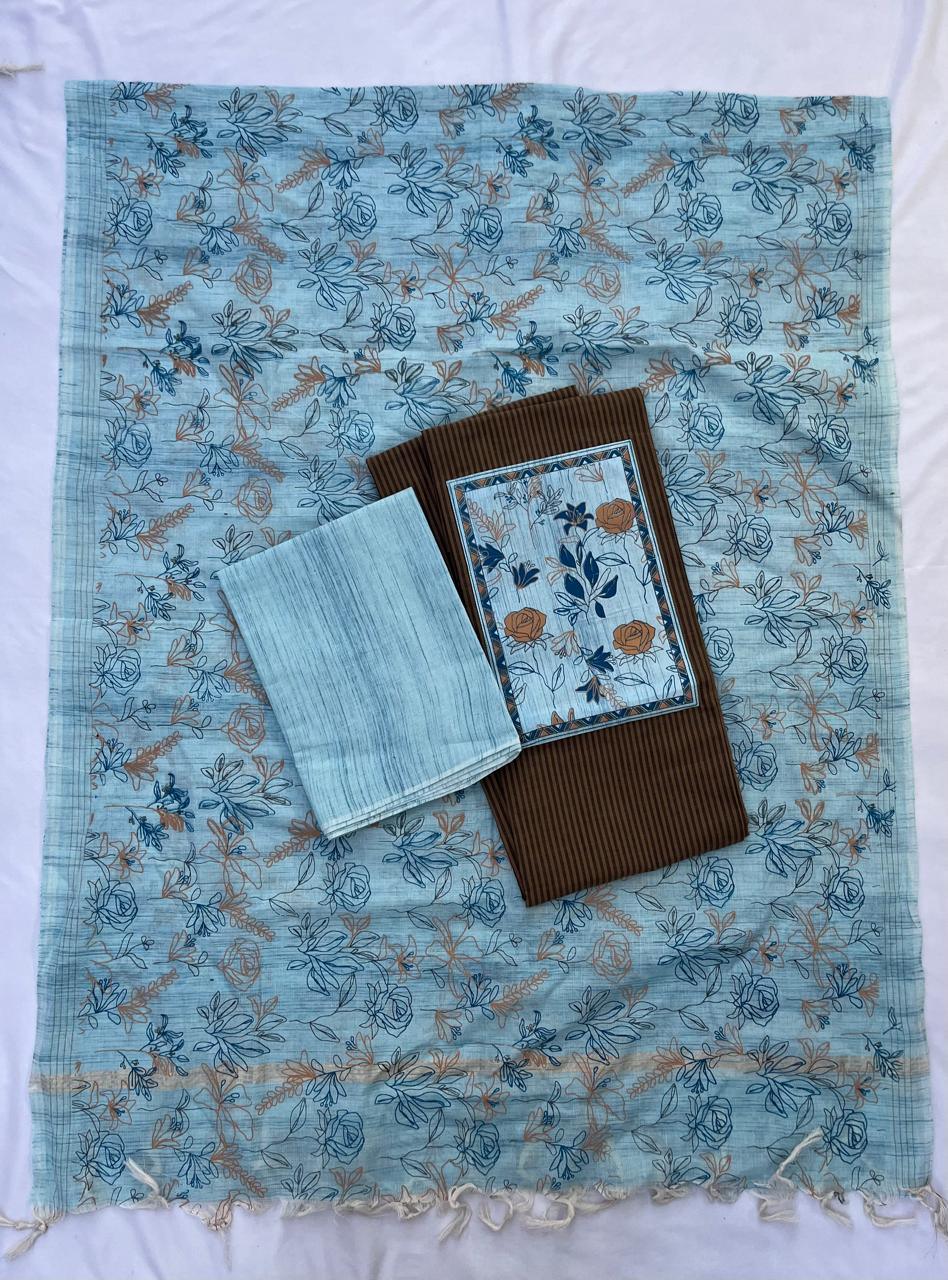 Cotton Dress Material with Brown Color