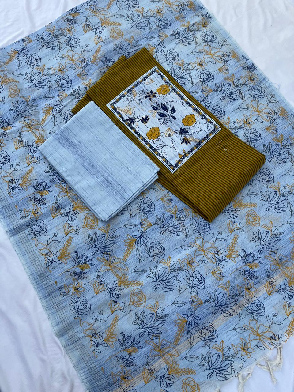 Cotton Dress Material with Yellow Color
