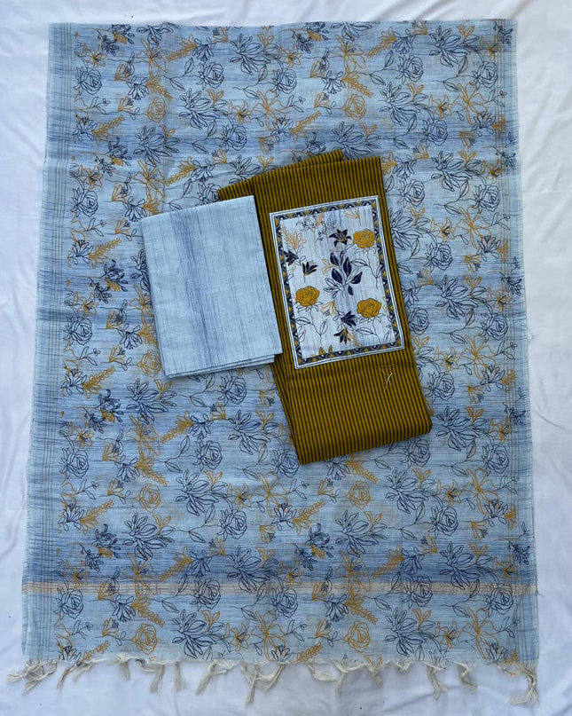 Cotton Dress Material with Yellow Color