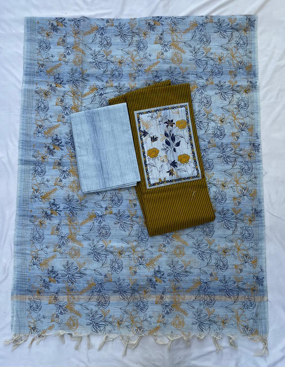 Cotton Dress Material with Yellow Color