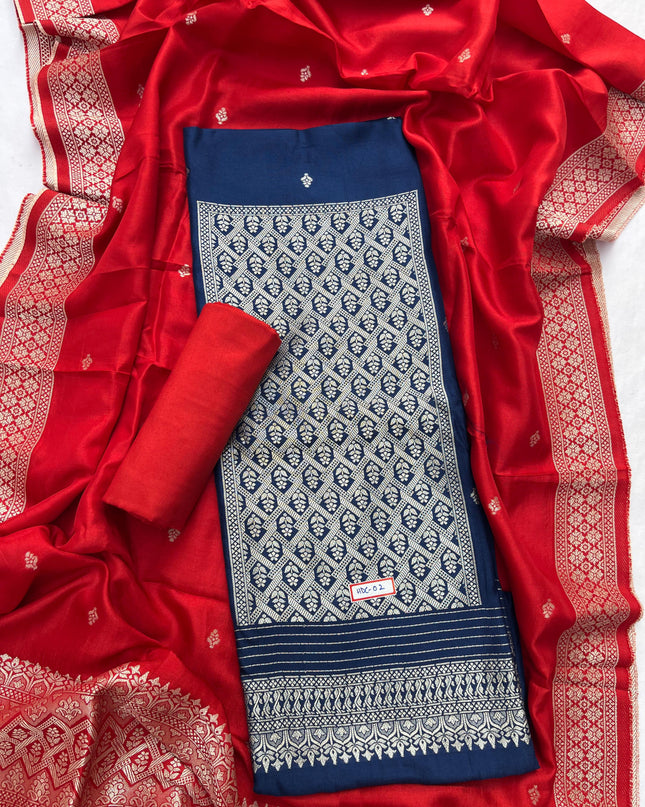 Blue Chanderi Silk Dress Material – Royal Look with Silver Zari & Soft Shine