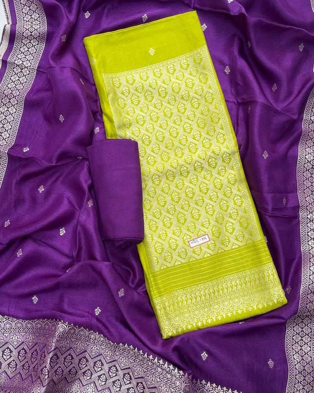 Parrot Green Chanderi Silk Dress Material – Royal Look with Silver Zari & Soft Shine
