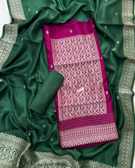 Pink Chanderi Silk Dress Material – Royal Look with Silver Zari & Soft Shine