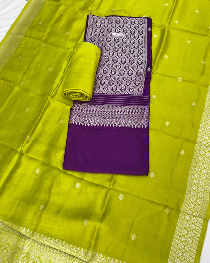 Violet Chanderi Silk Dress Material – Royal Look with Silver Zari & Soft Shine